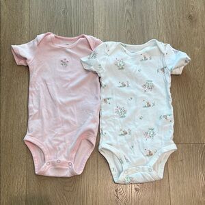 Pink Floral & Bunny White Printed Baby One-Piece Bodysuit Set